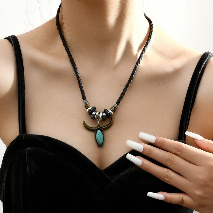 Vintage Western Cowboy Turquoise Alloy Pendant PU Leather Necklace Bohemian Ethnic Fashion Jewelry