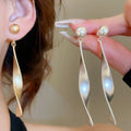 Geometric Ribbon Pearl Drop Earrings With Silver Pins, Twisted Metal Line Fashion Jewelry view 2