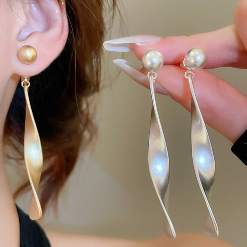 Geometric Ribbon Pearl Drop Earrings With Silver Pins, Twisted Metal Line Fashion Jewelry