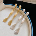 Geometric Ribbon Pearl Drop Earrings With Silver Pins, Twisted Metal Line Fashion Jewelry view 1