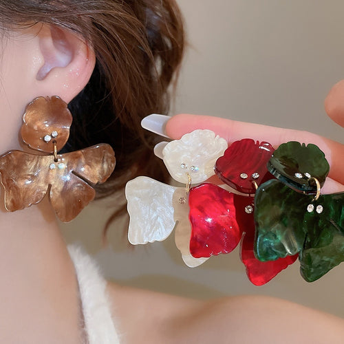 Vintage Resin Rhinestone Flower Drop Earrings With Silver Needle Artistic Fashion Studs