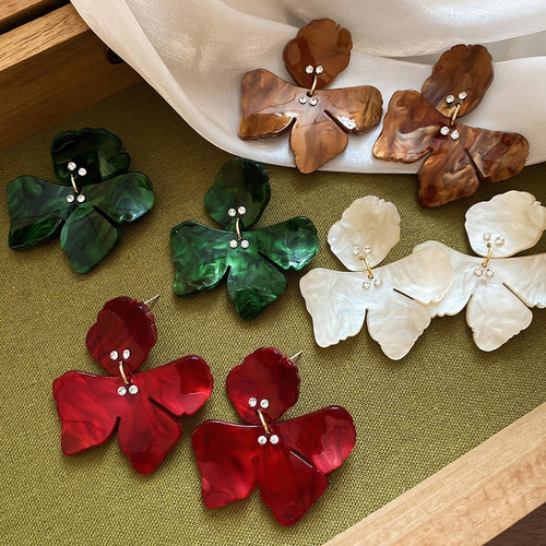 Vintage Resin Rhinestone Flower Drop Earrings With Silver Needle Artistic Fashion Studs