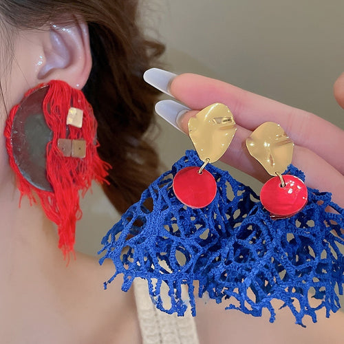 Shell Fabric Tassel Pendant Drop Earrings For Women Vintage Court Style Geometric Round Design