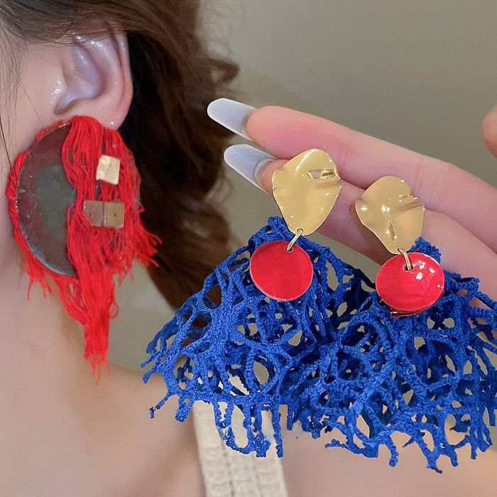 Shell Fabric Tassel Pendant Drop Earrings For Women Vintage Court Style Geometric Round Design