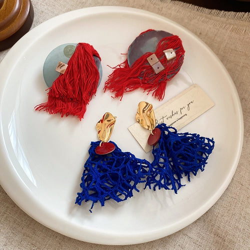 Shell Fabric Tassel Pendant Drop Earrings For Women Vintage Court Style Geometric Round Design