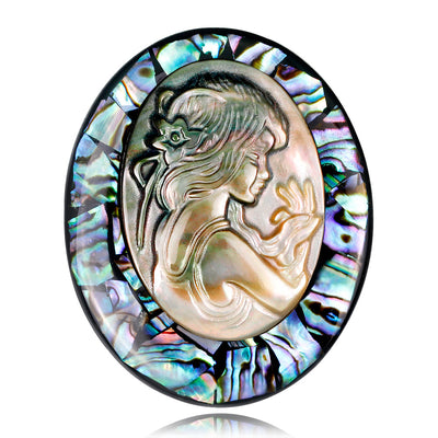 Front product view of the abalone shell brooch pin in gold and silver