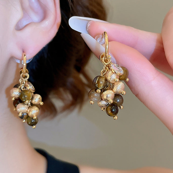 Maillard Style Tiger Eye Zircon Geometric Round Tassel Drop Earrings With Silver Pins