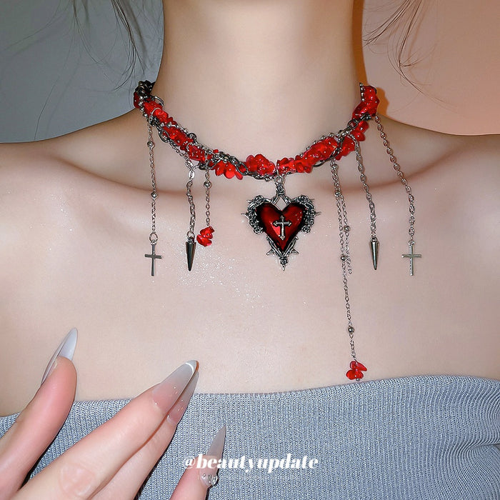 Halloween Irregular Stone Beaded Heart Cross Pendant Necklace Gothic Alloy Choker For Women