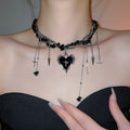 Halloween Irregular Stone Beaded Heart Cross Pendant Necklace Gothic Alloy Choker For Women view 3