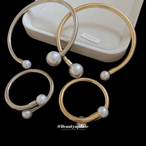 European Style Metal Pearl Open Choker And Bracelet Jewelry Set For Women