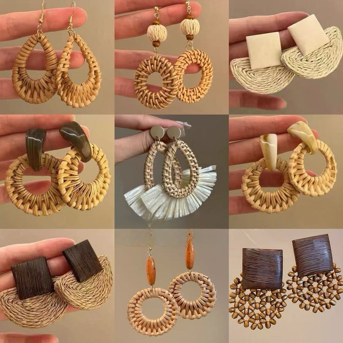 Resin Rattan Woven Heart Flower Round Pendant Drop Earrings Beach Vacation Style