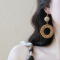 Resin Rattan Woven Heart Flower Round Pendant Drop Earrings Beach Vacation Style view 2