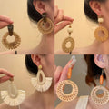 Resin Rattan Woven Heart Flower Round Pendant Drop Earrings Beach Vacation Style view 3