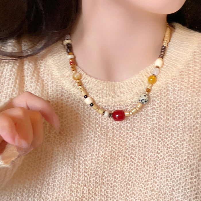 Vintage Ethnic Agate Coconut Shell Spotted Stone Irregular Beaded Choker Necklace for Women