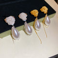 Silver Needle Mesh Rose Teardrop Faux Pearl Tassel Drop Earrings French Court Style view 3