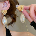 Silver Needle Mesh Rose Teardrop Faux Pearl Tassel Drop Earrings French Court Style view 4