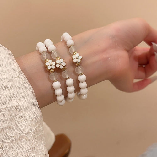 French Court Style Acrylic Beaded Flower Bracelet Jewelry Set With Enamel Floral Geometric Charms
