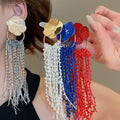 Silver Pin Painted Flower Round Crystal Tassel Drop Earrings Statement Luxury Jewelry view 2