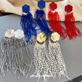 Silver Pin Painted Flower Round Crystal Tassel Drop Earrings Statement Luxury Jewelry view 3