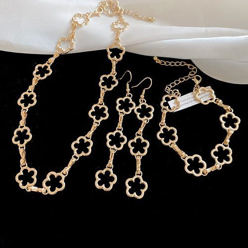 European Style Alloy Hollow Flower Tassel Ear Hook Necklace Bracelet Jewelry Set
