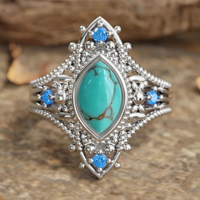 Women's Bohemian Marquise Eye Ring, Faux Turquoise New Chinese Vintage Artistic Jewelry