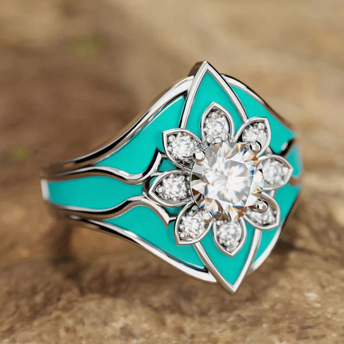 Women's Sunflower Forest Style Ring With Enamel And Micro Paved Zircon, Fashion Jewelry
