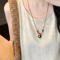 Vintage Ethnic Coconut Shell Wood Beaded Round Heart Pendant Sweater Necklace view 4