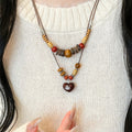 Vintage Ethnic Coconut Shell Wood Beaded Round Heart Pendant Sweater Necklace view 1