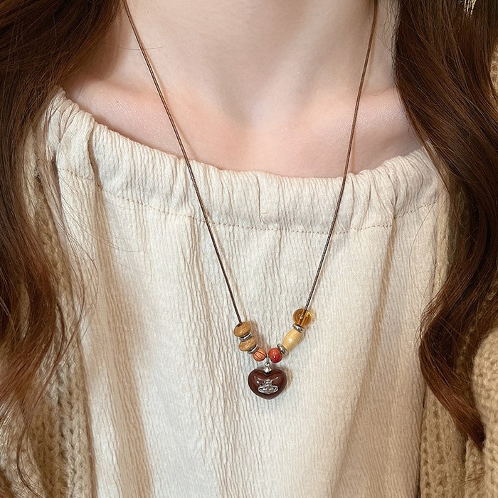 Vintage Mixed Material Wooden Bead Heart Geometric Pendant Long Ethnic Sweater Necklace For Women