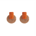 Bohemian Raffia Straw Woven Half Moon Wooden Geometric Studs Vintage Vacation Statement Earrings view 5
