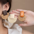 Bohemian Raffia Straw Woven Half Moon Wooden Geometric Studs Vintage Vacation Statement Earrings view 1