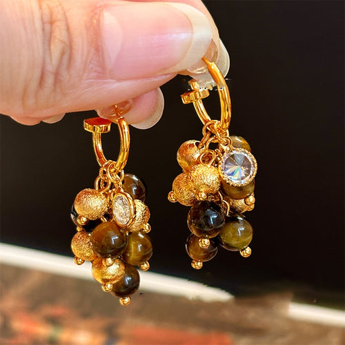 Light Luxury Tiger Eye Stone Zircon Round Tassel Drop Earrings French Retro Silver Needle Jewelry