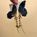 New Chinese Style Embroidered Fabric Butterfly Rhinestone Tassel Drop Earrings For Women view 4