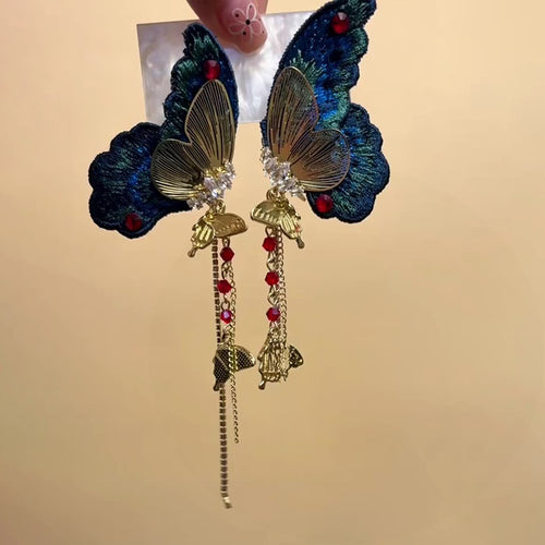 New Chinese Style Embroidered Fabric Butterfly Rhinestone Tassel Drop Earrings For Women