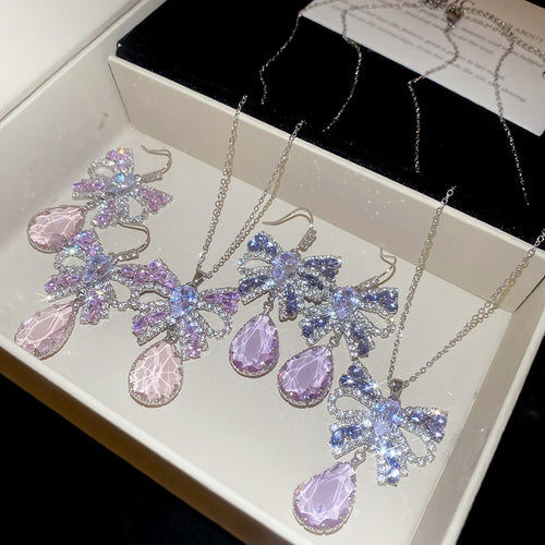 Copper Zircon Butterfly Waterdrop Tassel Ear Hook Necklace Jewelry Set Light Luxury Collarbone Style