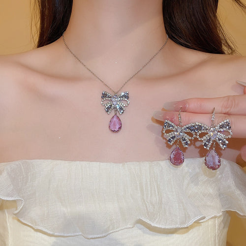 Copper Zircon Butterfly Waterdrop Tassel Ear Hook Necklace Jewelry Set Light Luxury Collarbone Style