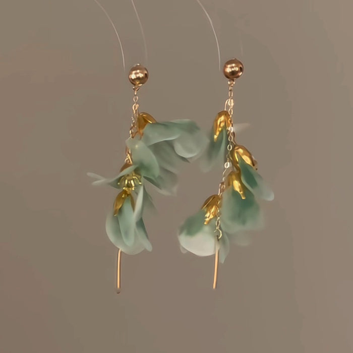 Vacation Style Fabric Mesh Flower Tassel Drop Earrings With Silver Needle Light Luxury Design