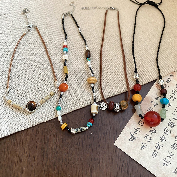 Vintage Ethnic Resin Wood Bead Geometric Round Pendant Necklace For Women