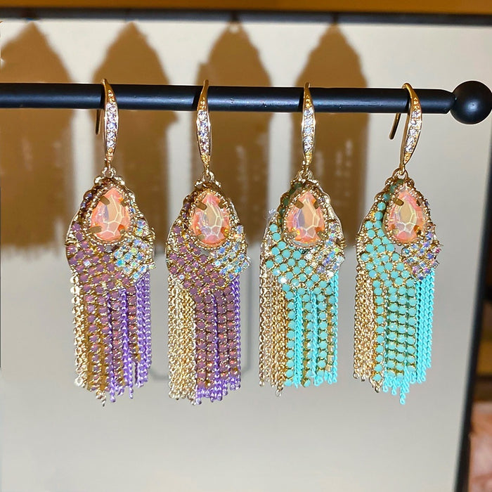 Vintage Ethnic Copper Zircon Teardrop Multilayer Chain Tassel Hook Earrings For Women