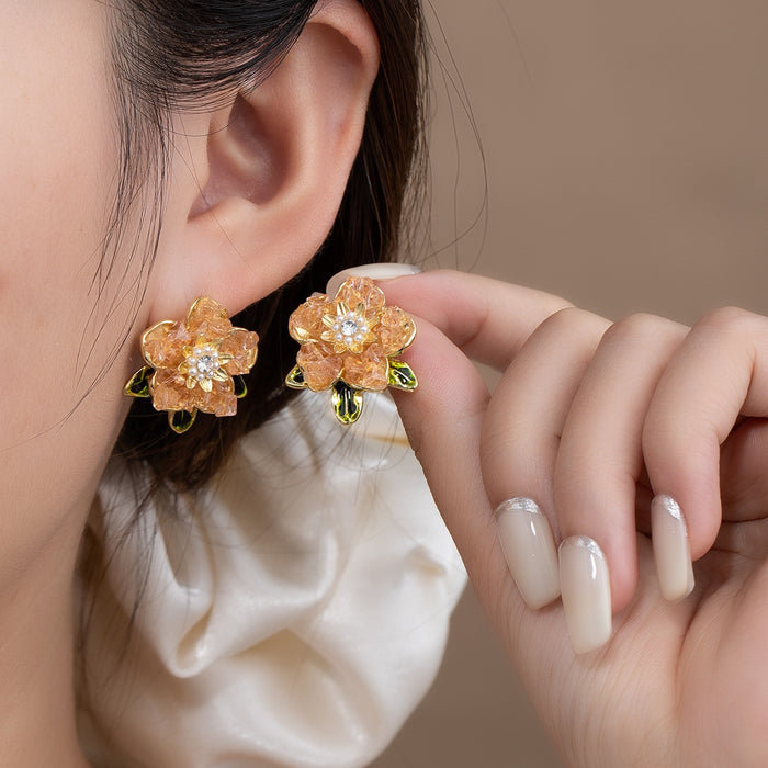 Luxury Pearl Rhinestone Crystal Flower Stud Earrings For Women Elegant Gold Alloy Floral Statement Earrings