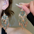 Vintage Ethnic Teardrop Chain Crystal Tassel Drop Earrings Multi Material Geometric Light Luxury Jewelry view 3