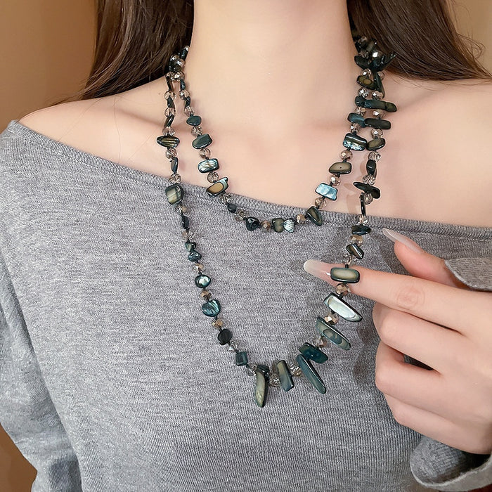 Irregular Shell Crystal Beaded Layered Sweater Necklace Vintage Ethnic Geometric Jewelry