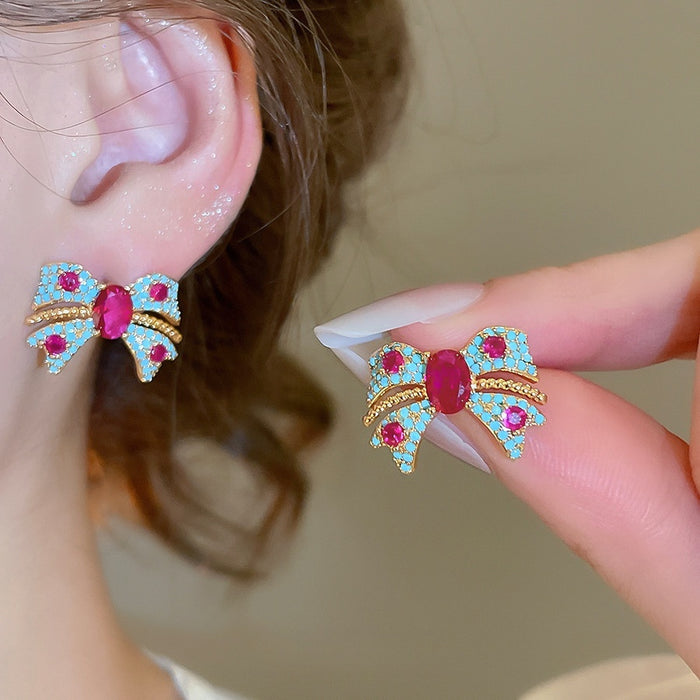 Copper Oval Zircon Bow Stud Earrings Vintage Court Style Elegant Light Luxury Ear Jewelry