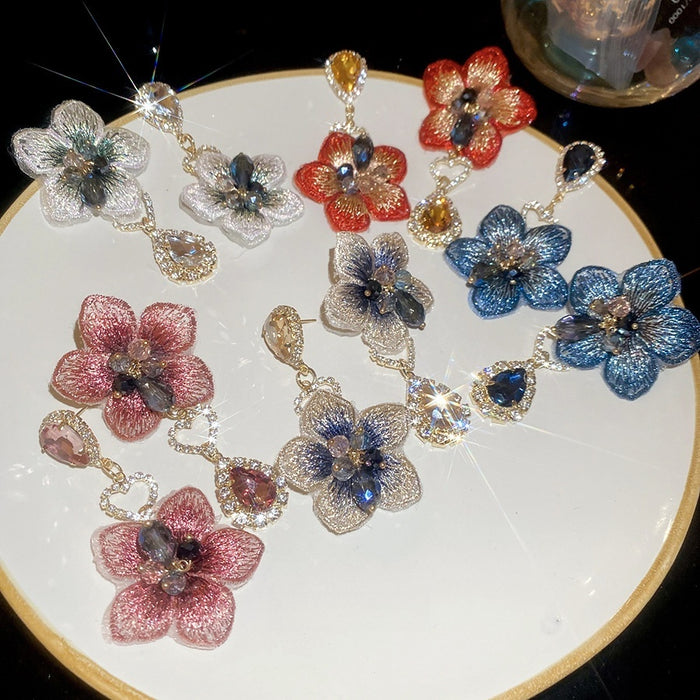 Light Luxury Crystal Flower Waterdrop Stud Earrings With Silver Needle Posts For Women