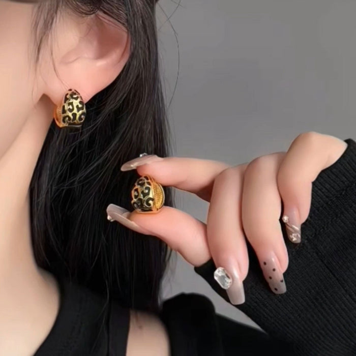Copper Metallic Leopard Print Geometric Round Ball Stud Earrings Vintage European Style