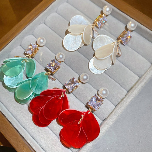 Light Luxury Zircon Square Pearl Teardrop Shell Tassel Drop Earrings With Silver Posts