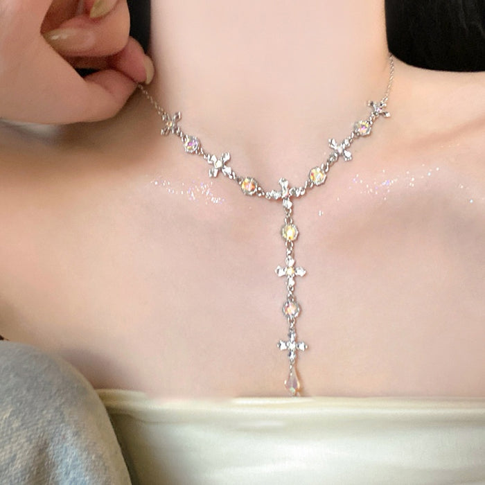 Light Luxury Cross Tassel Artificial Crystal Water Drop Geometric Necklace For Women Elegant Collarbone Chain