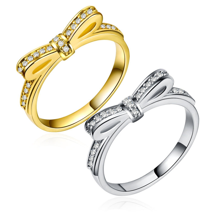 Gold And Silver-Tone Bow Ring With Clear Crystal Accents