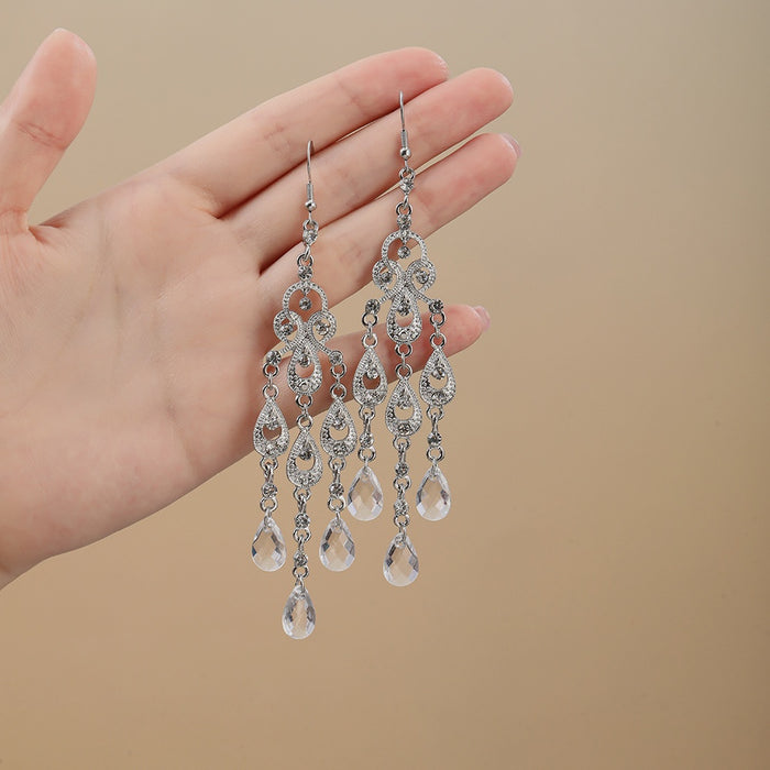 Luxury Rhinestone Hollow Waterdrop Chandelier Hook With Crystal Teardrop Tassel Dangle Earrings