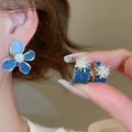 Vintage Denim Fabric Firework Flower C-Shaped Copper Stud Earrings view 2
